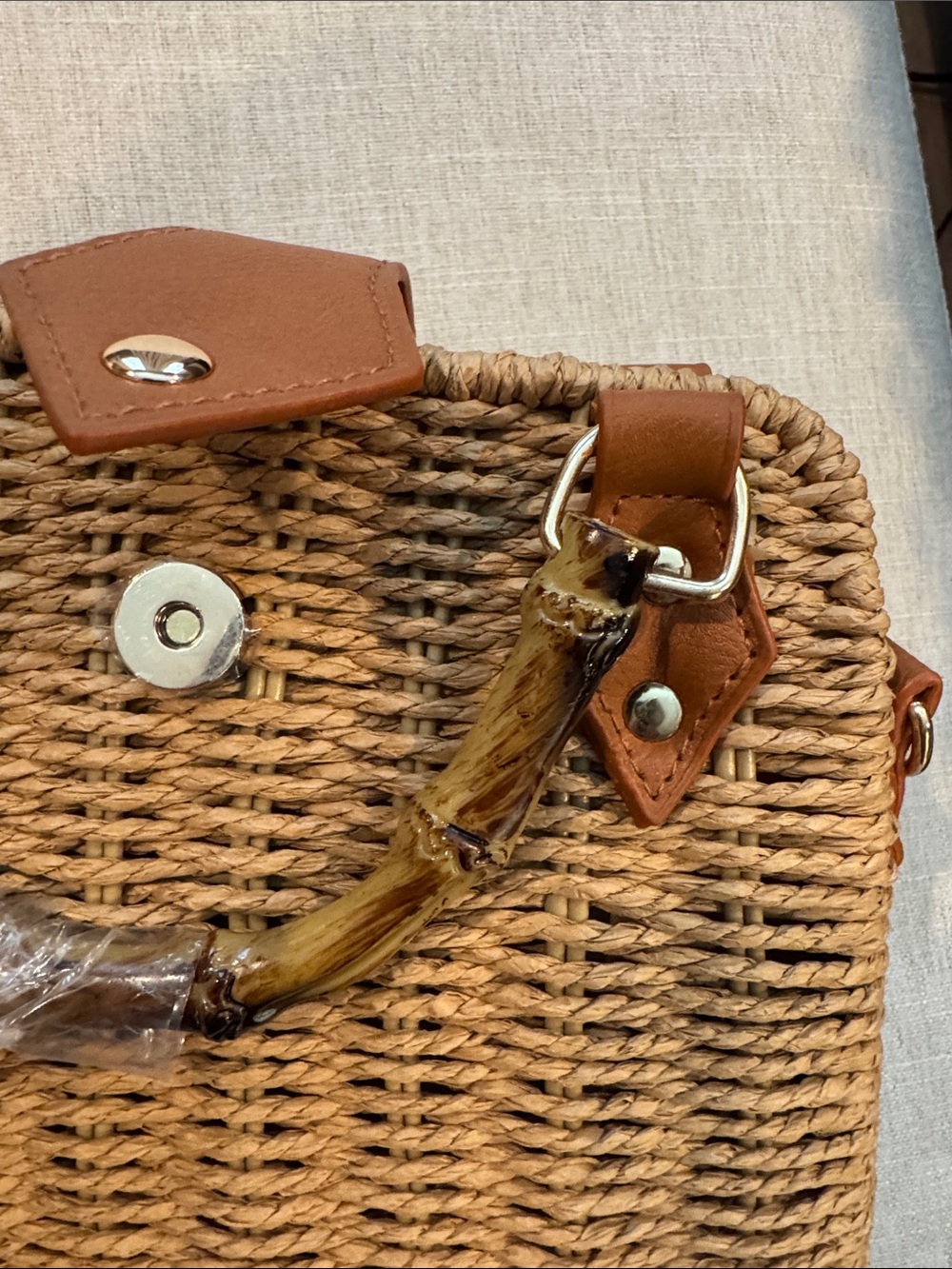 Woven Straw Tote Bag with Tan Leather Trim - Picture 4 of 5